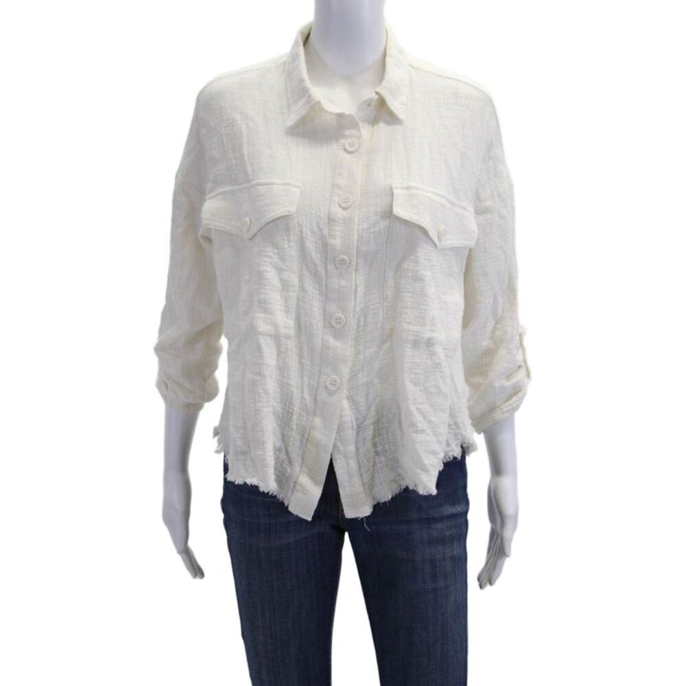 Decker Women Boho Cotton Collared Button-Up Blouse White 3/4 Sleeve Size S
